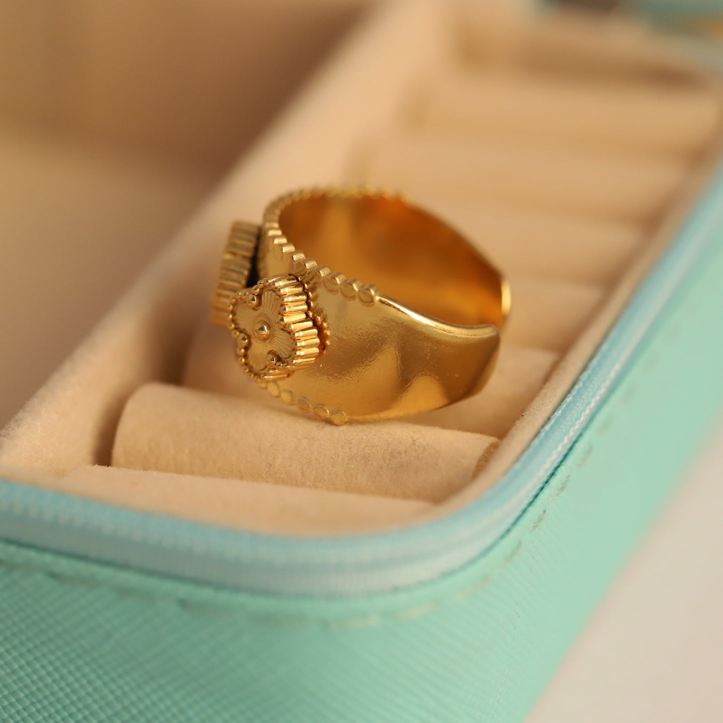 Textured Gold Clover Ring - Adjustable Lucky Charm Jewelry
