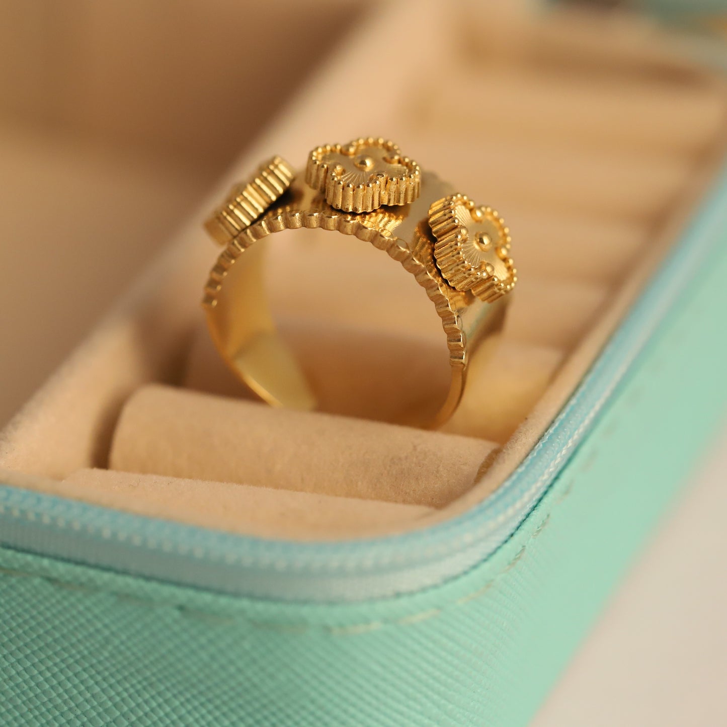 Textured Gold Clover Ring - Adjustable Lucky Charm Jewelry