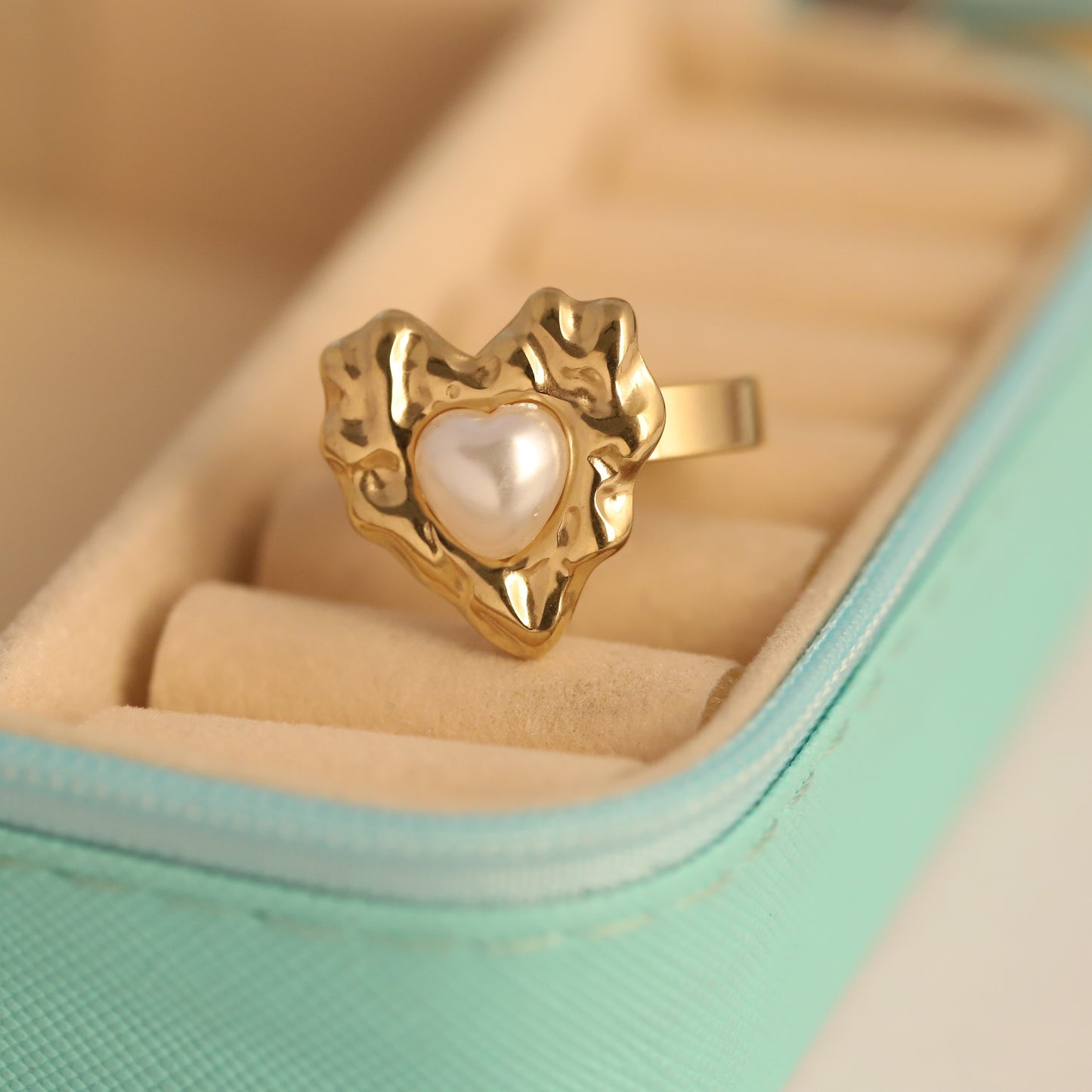 Sculptural Gold Heart Ring with Pearl - Adjustable Modern Jewelry