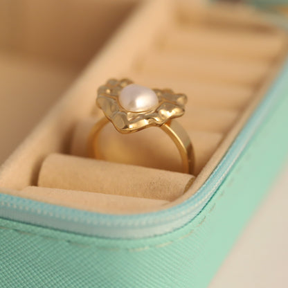 Sculptural Gold Heart Ring with Pearl - Adjustable Modern Jewelry