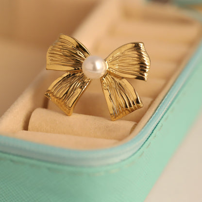 Pearl & Bow Ring - Ribbon Knot Statement Jewelry