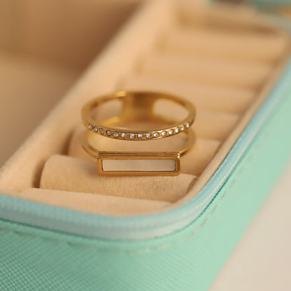 Mother of Pearl & Crystal Ring - Double Band Gold Statement