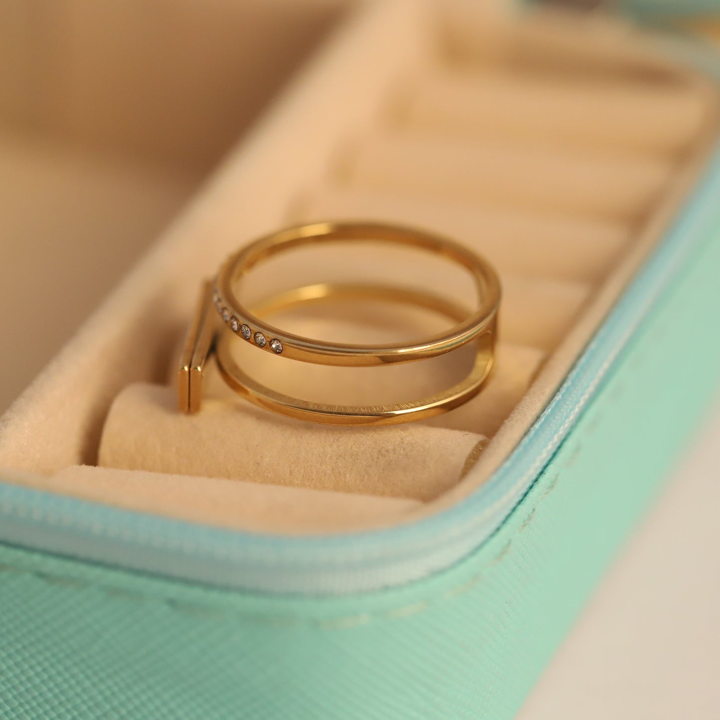 Mother of Pearl & Crystal Ring - Double Band Gold Statement