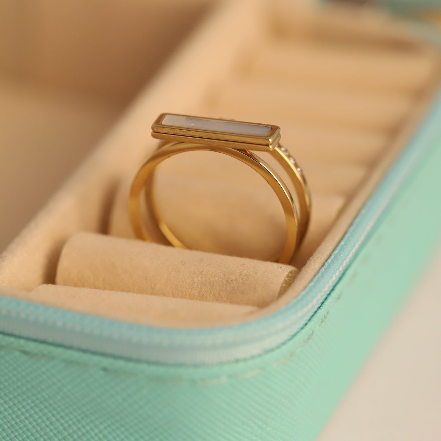 Mother of Pearl & Crystal Ring - Double Band Gold Statement