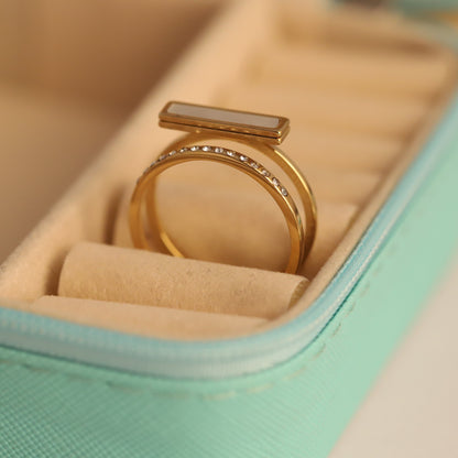 Mother of Pearl & Crystal Ring - Double Band Gold Statement