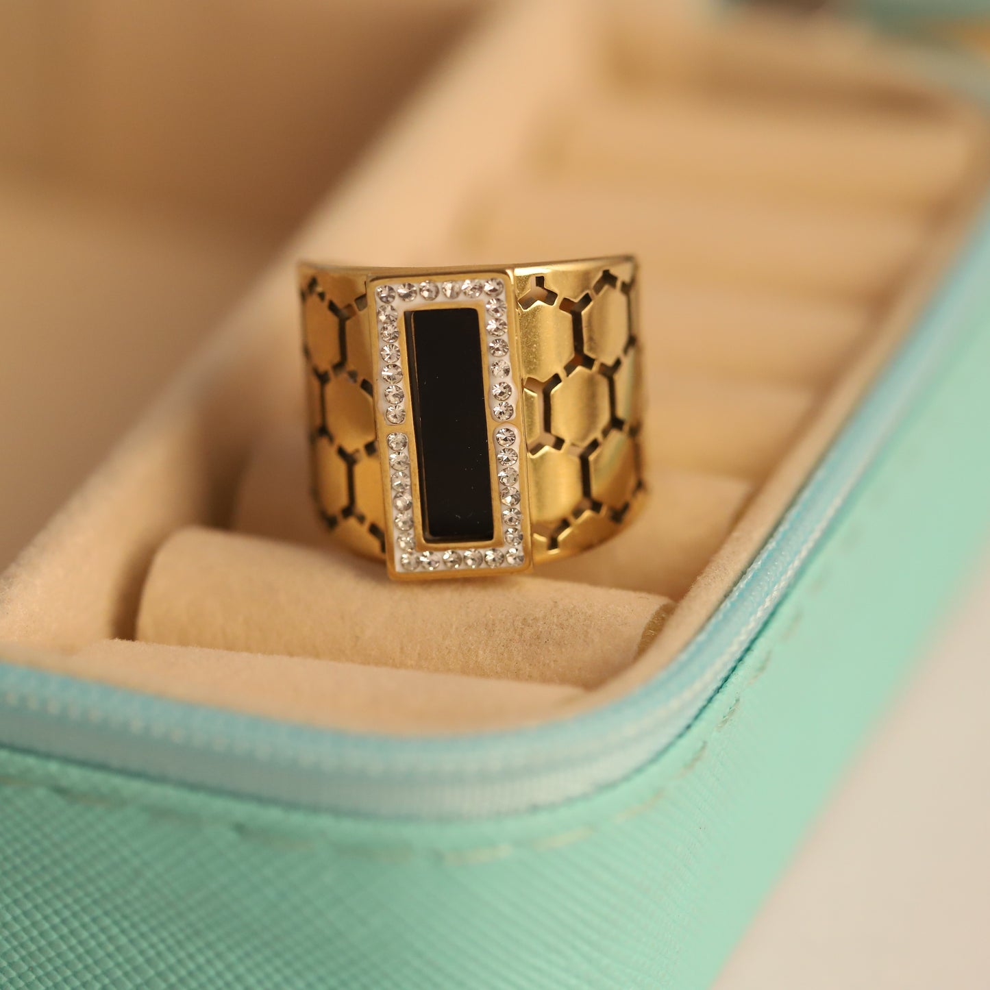 Honeycomb & Onyx Ring - Geometric Gold Statement Band