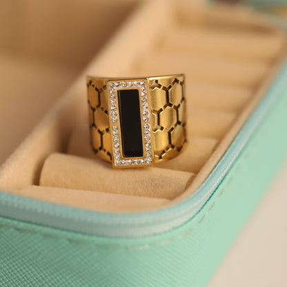 Honeycomb & Onyx Ring - Geometric Gold Statement Band