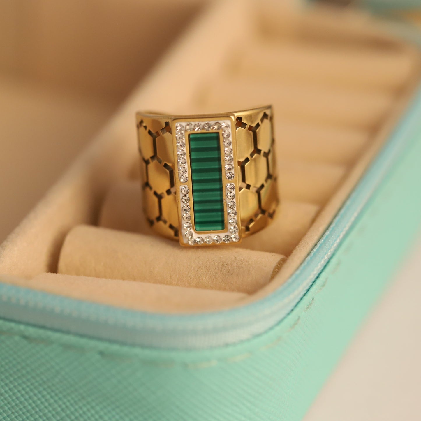 Honeycomb & Malachite Ring - Green Gemstone Statement Band