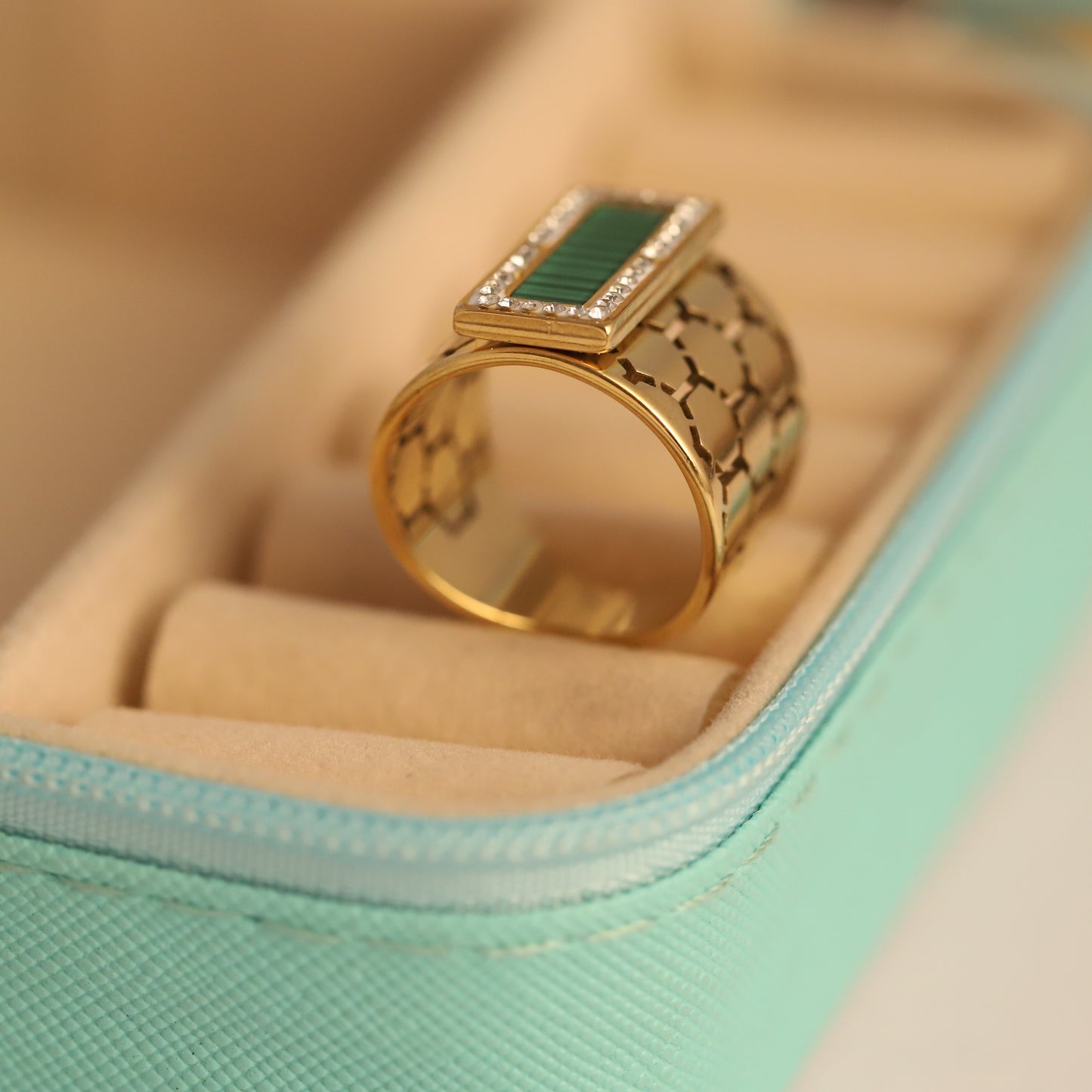 Honeycomb & Malachite Ring - Green Gemstone Statement Band