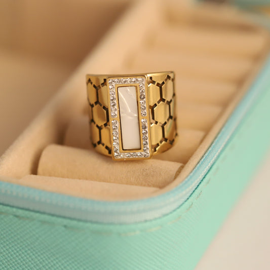 Honeycomb & Mother of Pearl Ring - White Gemstone Statement Band