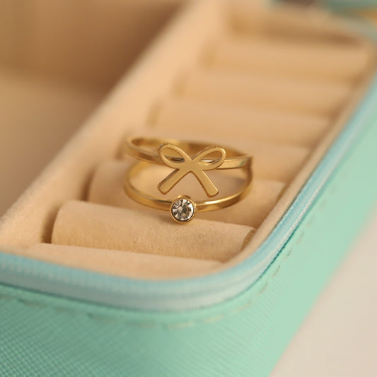 Bow & Crystal Ring - Minimalist Gold Double Band