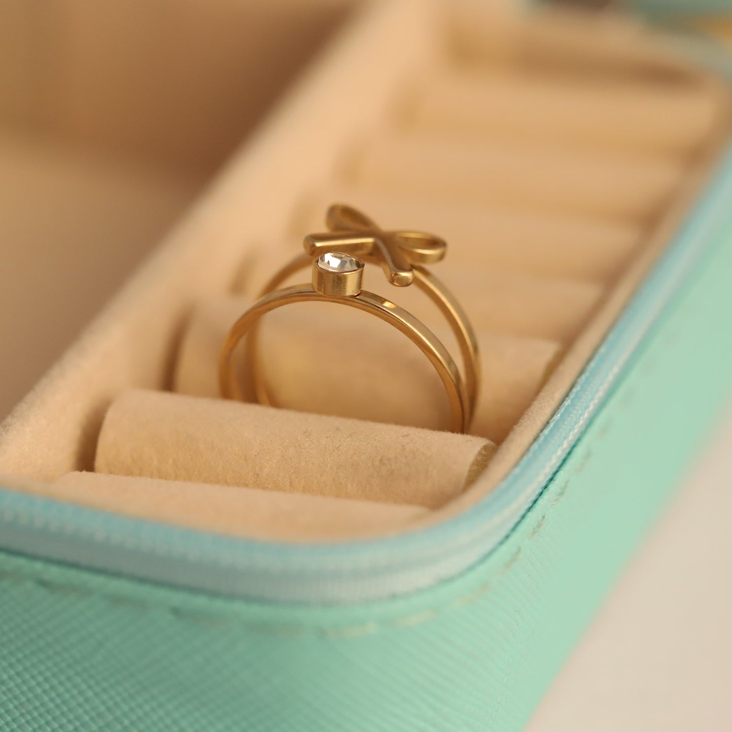 Bow & Crystal Ring - Minimalist Gold Double Band
