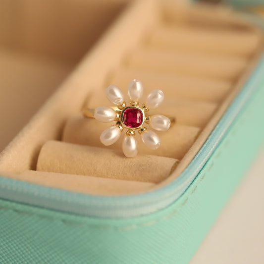 Pearl & Gemstone Flower Ring - Red Crystal Statement Jewelry