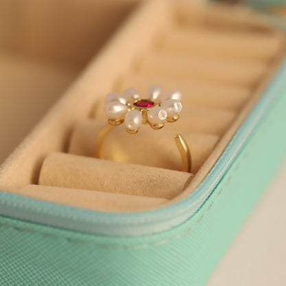 Pearl & Gemstone Flower Ring - Red Crystal Statement Jewelry