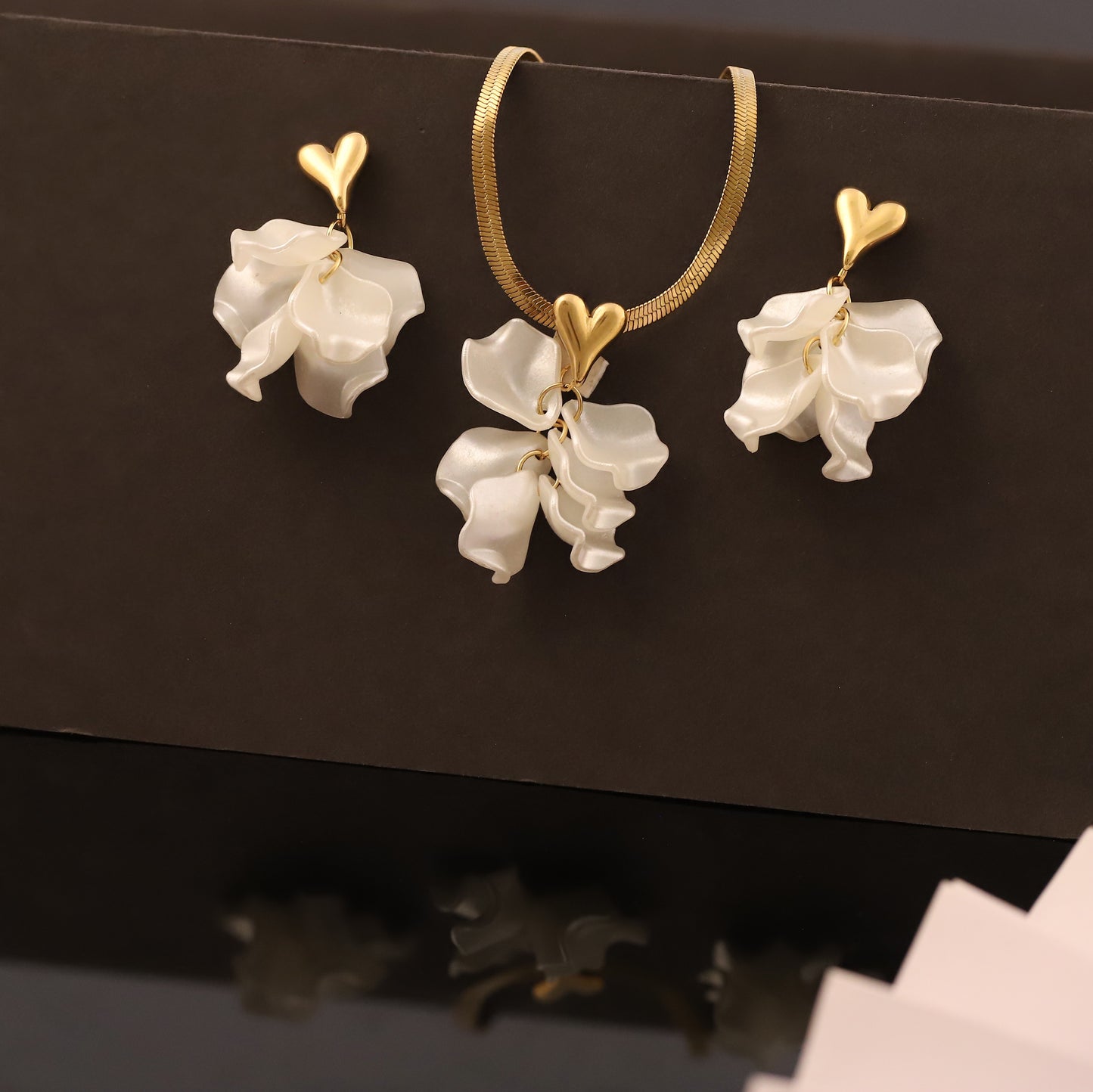 White Floral Petal Necklace and Earring Set | Gold Plated Jewelry