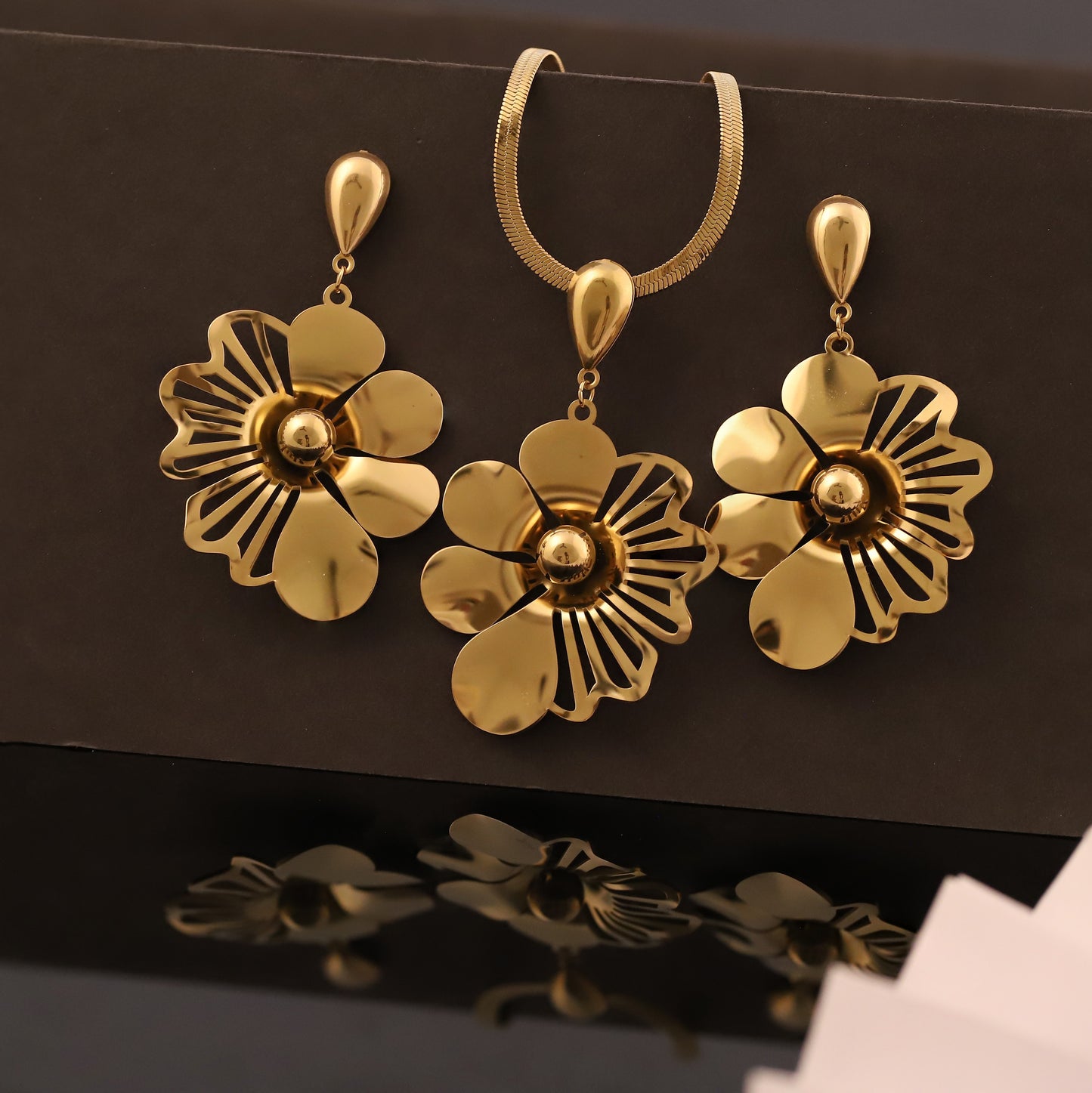 Gold-Plated Floral Bloom Necklace and Earring Set | Statement Jewelry