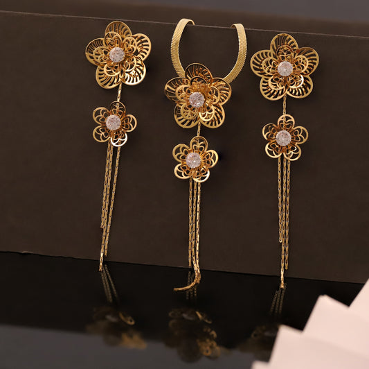 Gold Floral Tassel Necklace & Earring Set | Cubic Zirconia Jewelry