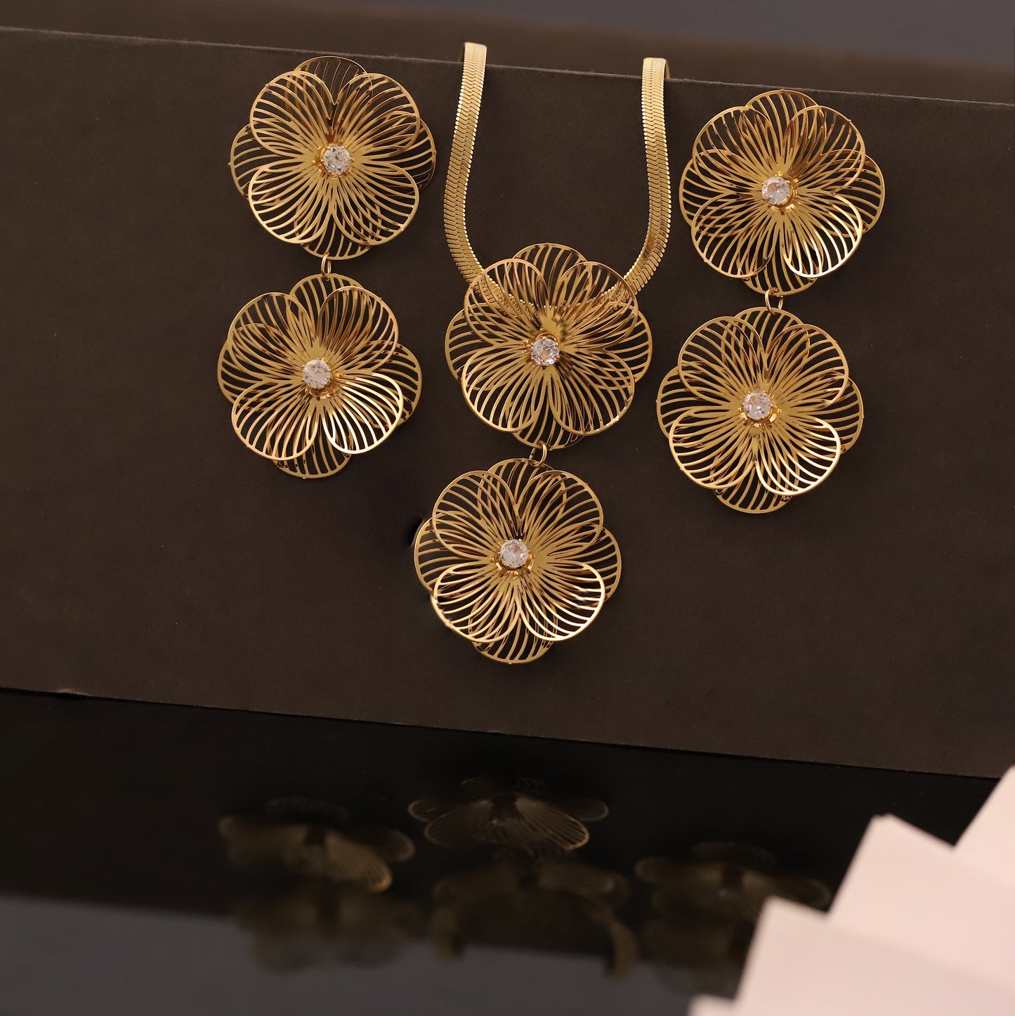 Filigree Gold Flower Necklace and Earring Set | Cubic Zirconia Jewelry