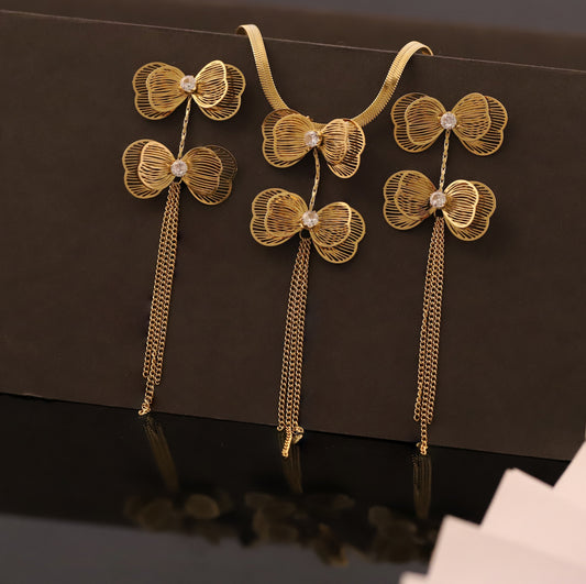 Gold Bow Tassel Necklace & Earring Set | Cubic Zirconia Jewelry