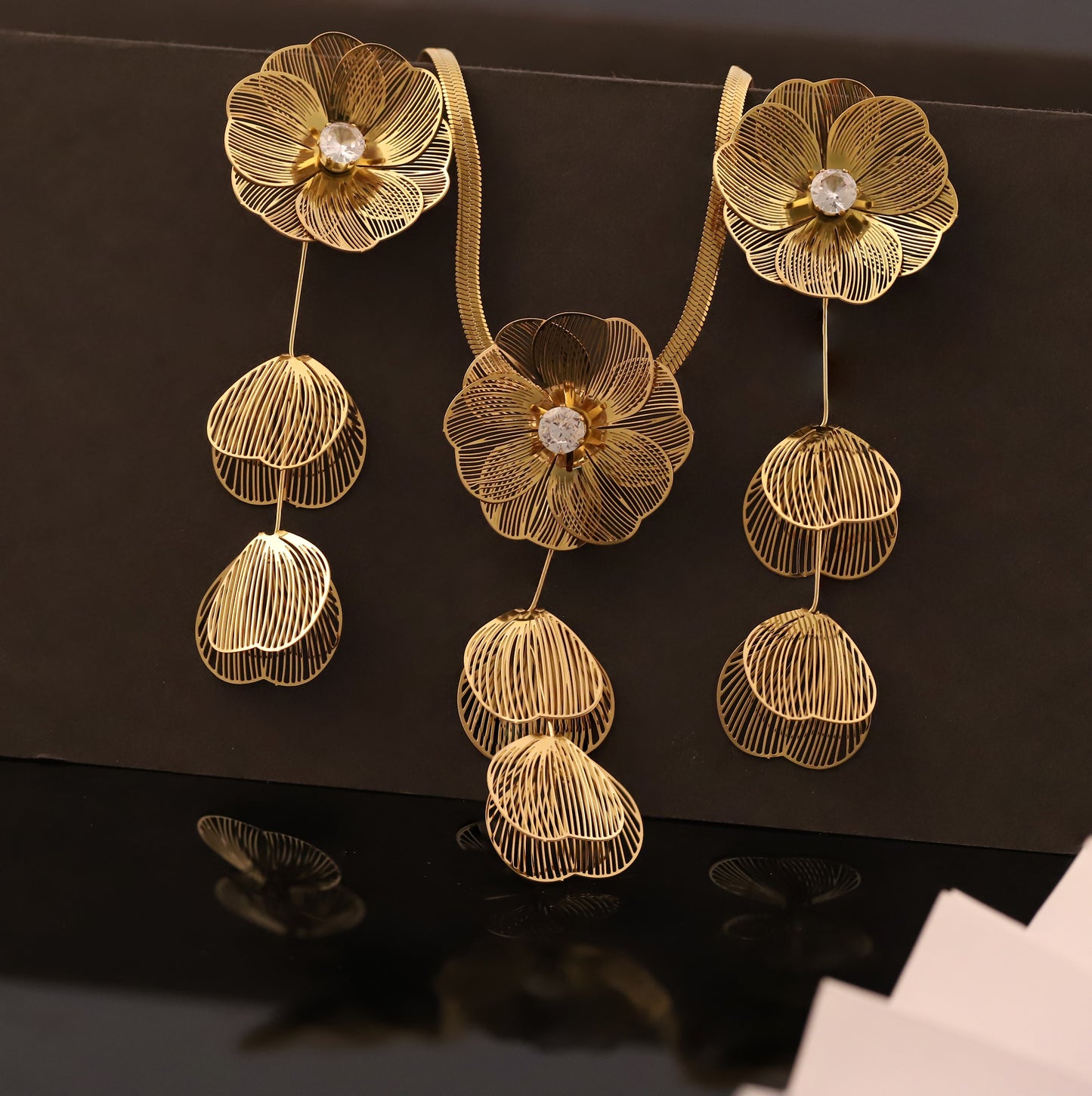 Filigree Gold Flower and Petal Drop Necklace Set | Cubic Zirconia Jewelry