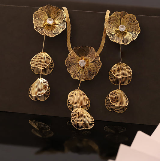 Filigree Gold Flower and Petal Drop Necklace Set | Cubic Zirconia Jewelry