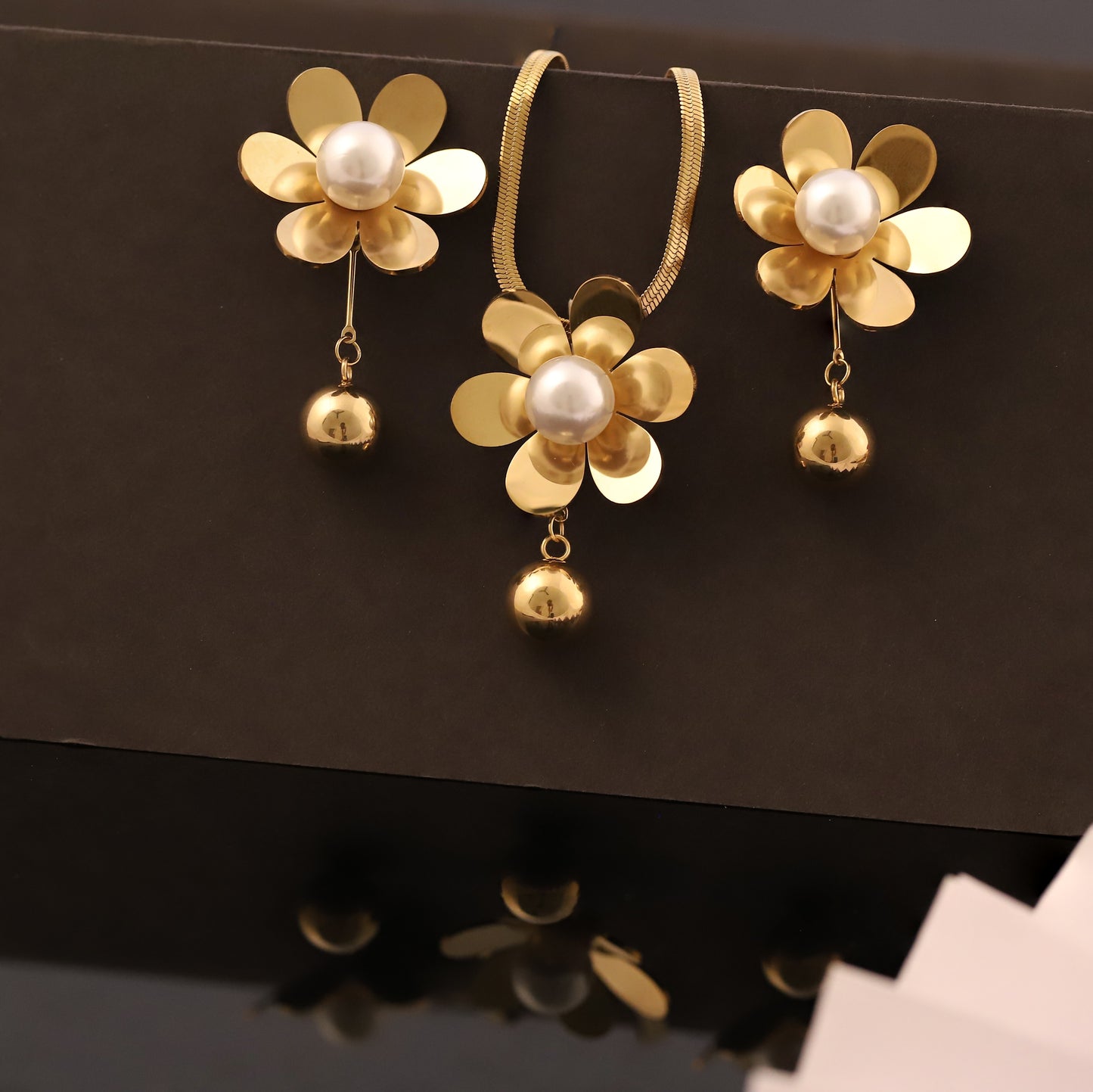 Gold Floral Pearl & Ball Drop Necklace Set | Elegant Statement Jewelry