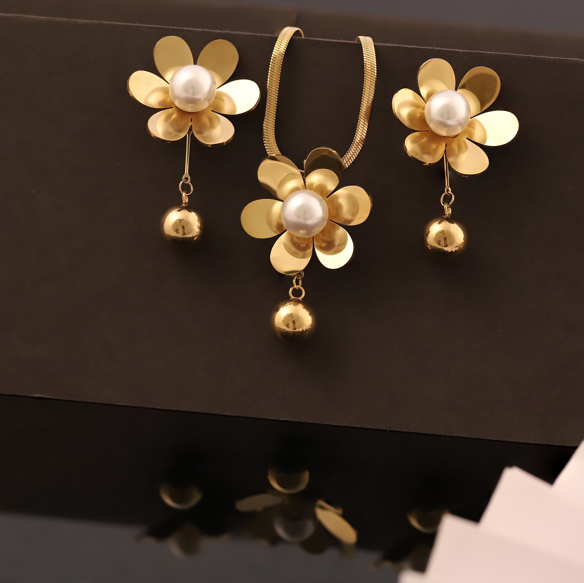 Gold Floral Pearl Ball Drop Necklace Set Elegant Statement