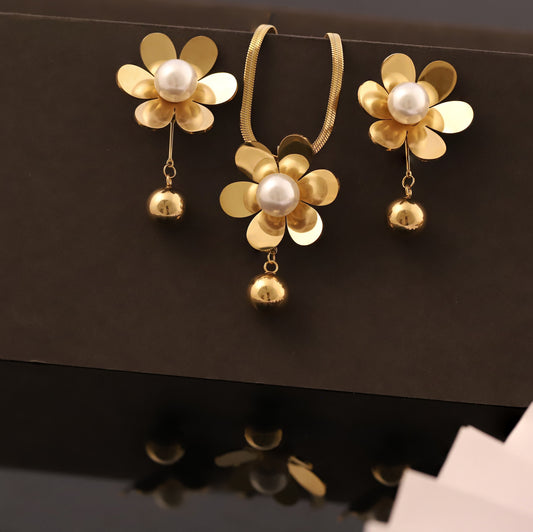 Gold Floral Pearl & Ball Drop Necklace Set | Elegant Statement Jewelry