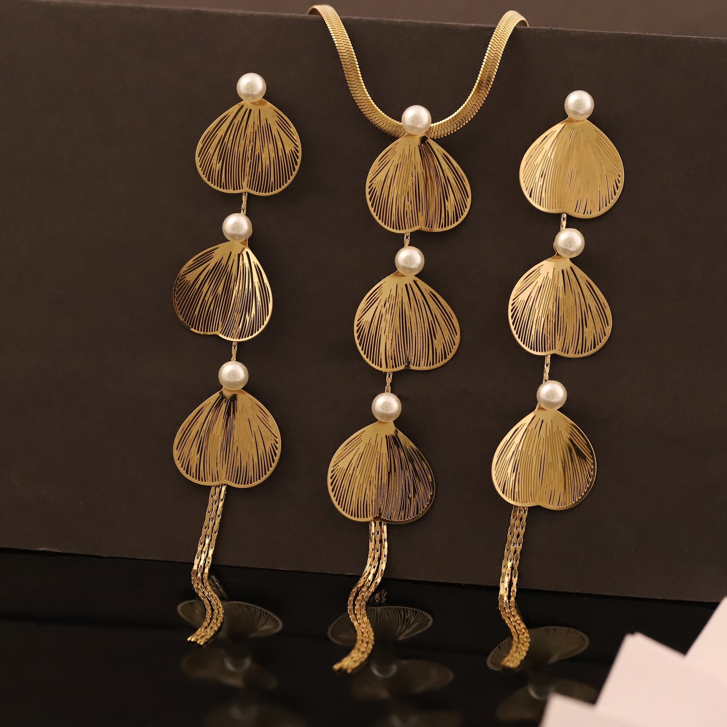 Gold Scallop Pearl Tassel Necklace & Earring Set | Art Deco Jewelry