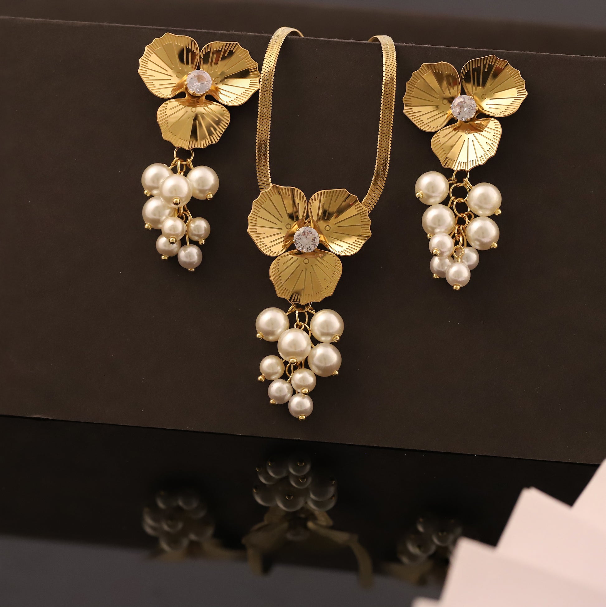 Gold Flower Pearl Cluster Necklace Earring Set Elegant Bridal
