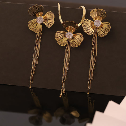 Gold Wire Flower Tassel Necklace & Earring Set | Cubic Zirconia Jewelry