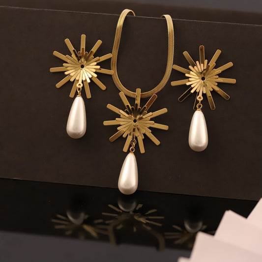 Gold Starburst Pearl Drop Necklace & Earring Set | Modern Celestial Jewelry