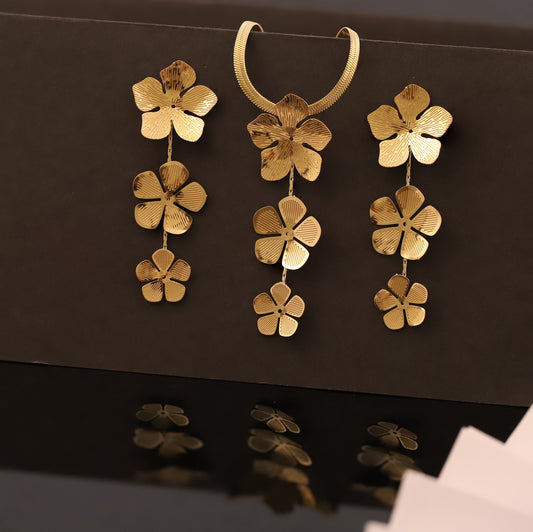 Gold Multi-Flower Drop Necklace & Earring Set | Elegant Layered Floral Jewelry
