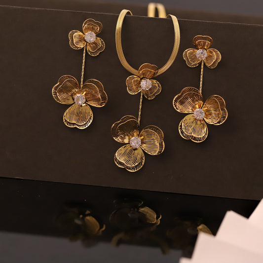 Gold Filigree Flower Drop Necklace Set | Cubic Zirconia Accent Jewelry