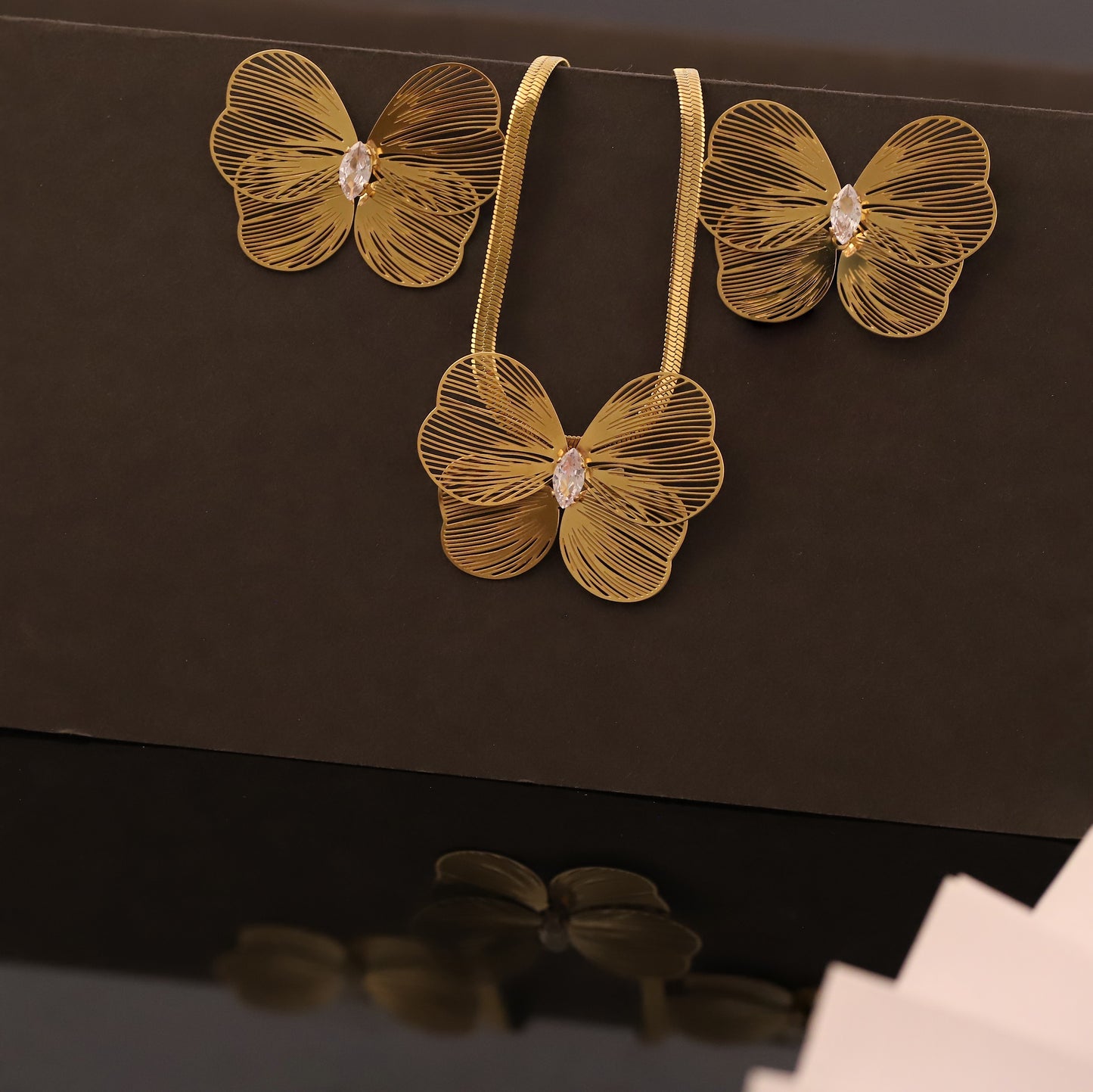 Gold Butterfly Cubic Zirconia Necklace & Earring Set | Delicate Filigree Jewelry