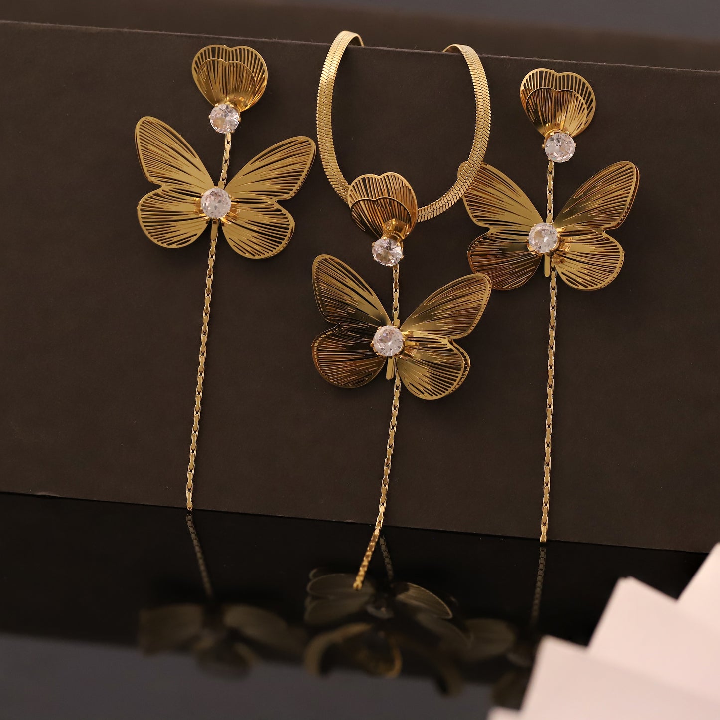 Gold Butterfly & Bud Cubic Zirconia Necklace Set | Whimsical Pendant Earrings