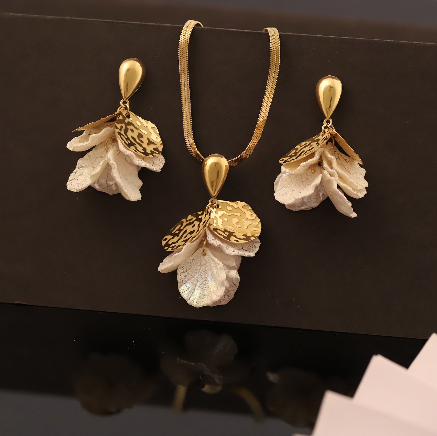 White Floral Gold Abstract Drop Necklace & Earring Set | Modern Elegant Jewelry