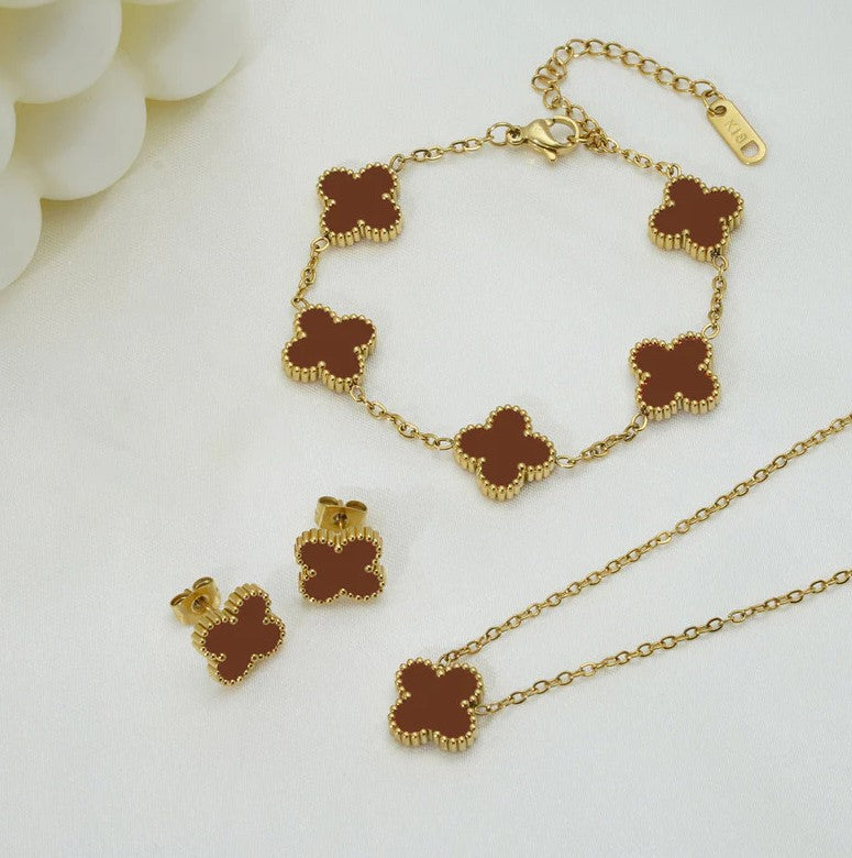 Brown Clover Jewelry Set: Necklace, Bracelet & Earrings
