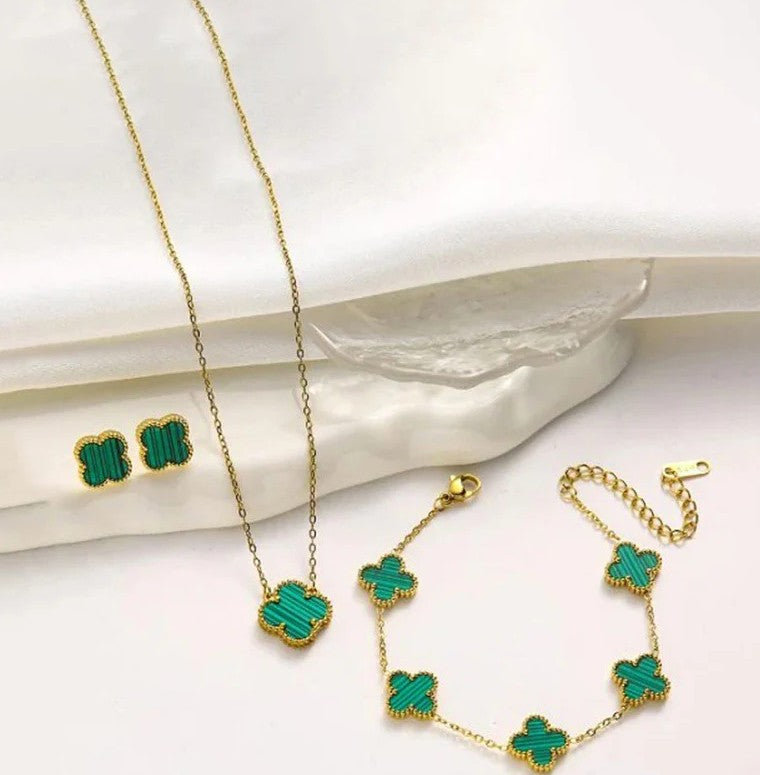 Green Clover Jewelry Set: Necklace, Bracelet & Earrings