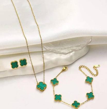 Green Clover Jewelry Set: Necklace, Bracelet & Earrings