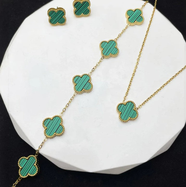 Green Clover Jewelry Set: Necklace, Bracelet & Earrings