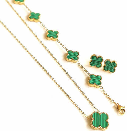 Green Clover Jewelry Set: Necklace, Bracelet & Earrings