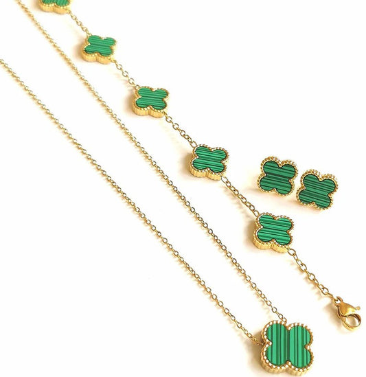 Green Clover Jewelry Set: Necklace, Bracelet & Earrings