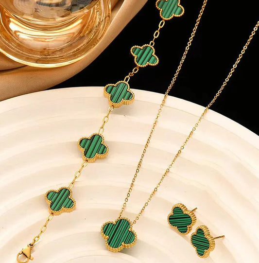 Green Clover Jewelry Set: Necklace, Bracelet & Earrings