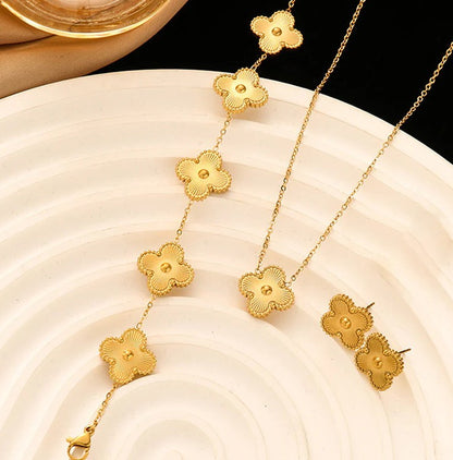 Gold Clover Jewelry Set: Necklace, Bracelet & Earrings