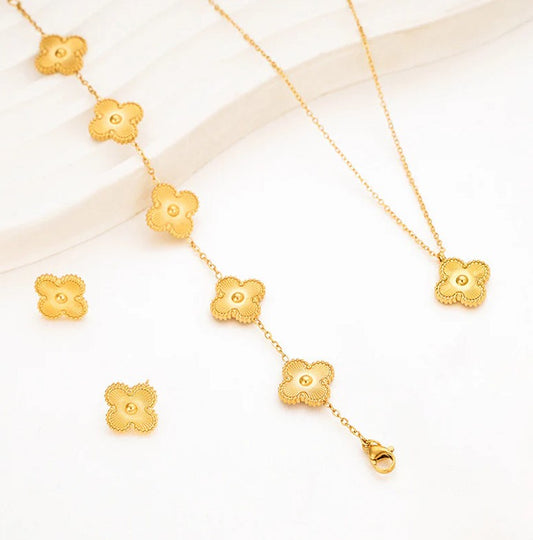 Gold Clover Jewelry Set: Necklace, Bracelet & Earrings