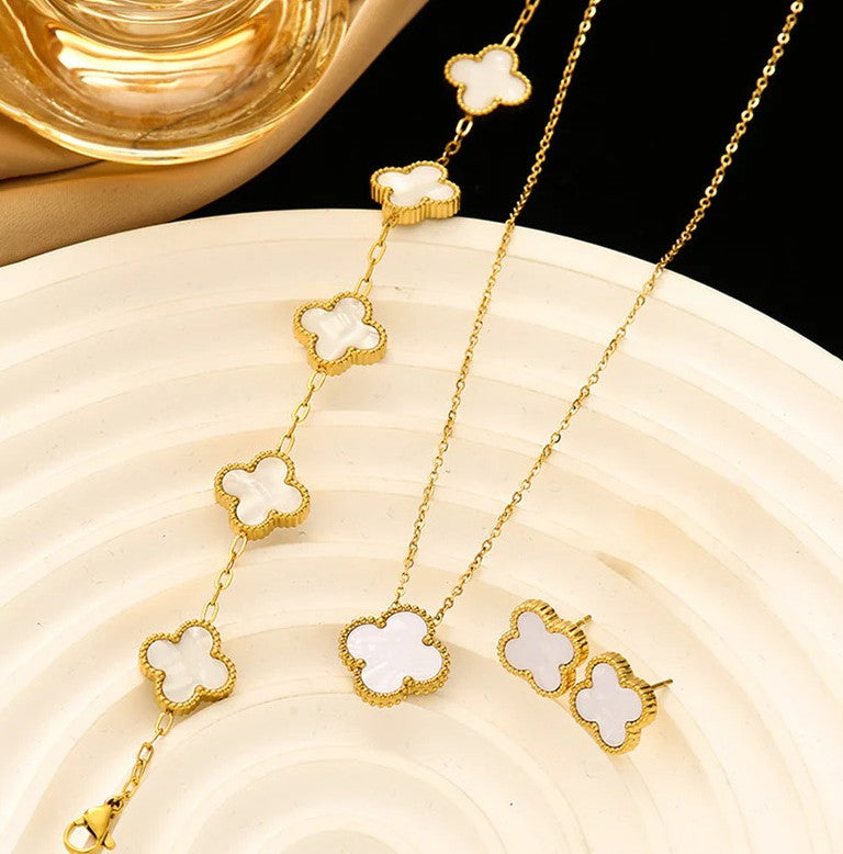White Clover Jewelry Set: Necklace, Bracelet & Earrings