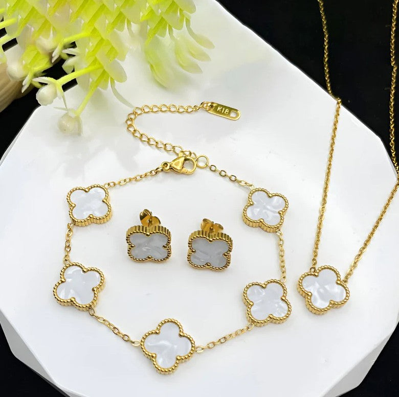White Clover Jewelry Set: Necklace, Bracelet & Earrings