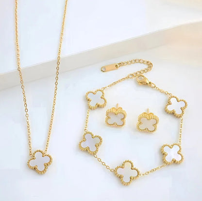 White Clover Jewelry Set: Necklace, Bracelet & Earrings